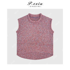 04-4潘依绣丁丁宠粉绵羊毛人丝设计感花纱混纺圆领无袖针织上衣Q16984