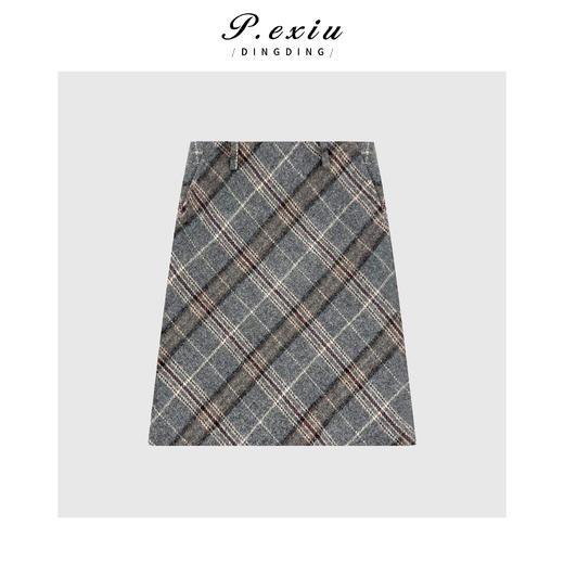 04-4潘依绣丁丁宠粉【咖啡下午茶】羊毛复古格纹A字毛呢半身裙 W-63483 商品图1