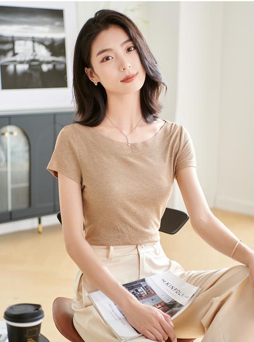 米思阳【天丝桑蚕丝纯色上衣】2026夏季显瘦百搭弹力上衣一字领T恤1427 商品图1