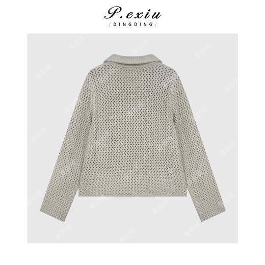 04-4潘依绣丁丁宠粉山羊绒羊毛镂空拼接网纱翻领拉链长袖针织开衫Q64781 商品图1
