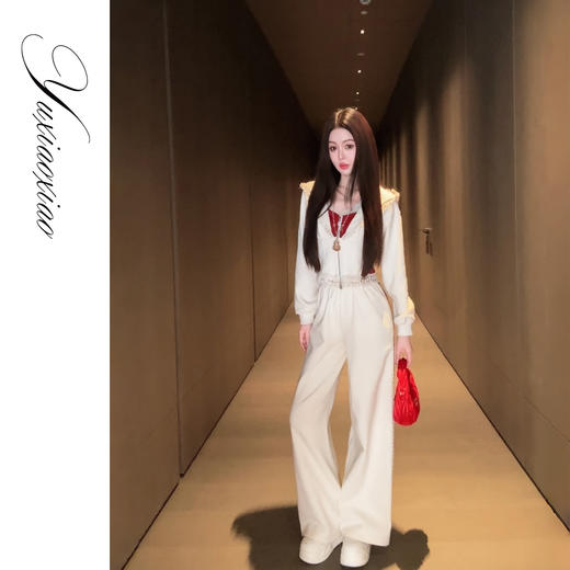 【大货捡漏，不退不换，微瑕】  【剑桥花语】高含棉双色拼接蕾丝花边连帽卫衣&休闲裤套装女 商品图0