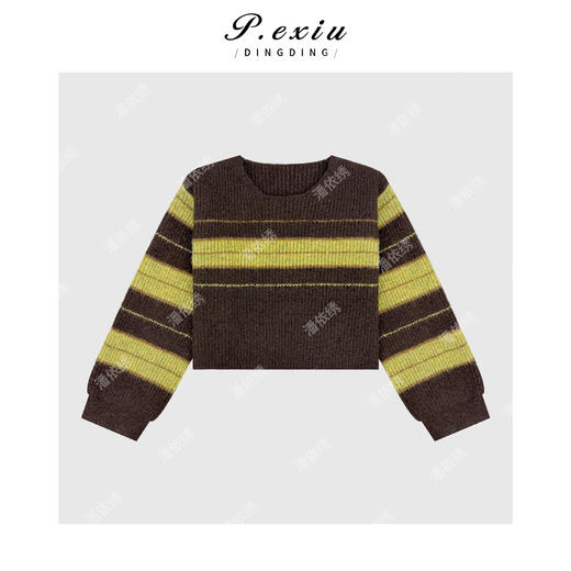 04-4潘依绣丁丁宠粉羊毛复古时髦撞色条纹短款宽松套头长袖针织毛衣L2765 商品图1
