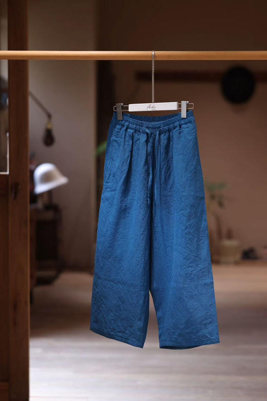 黄阿福 湖蓝亚麻八分裤 商品图1