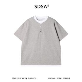 SDSA男装2026新款轻奢华夫格撞色边亨利领短袖T恤宽松肌理感上衣
