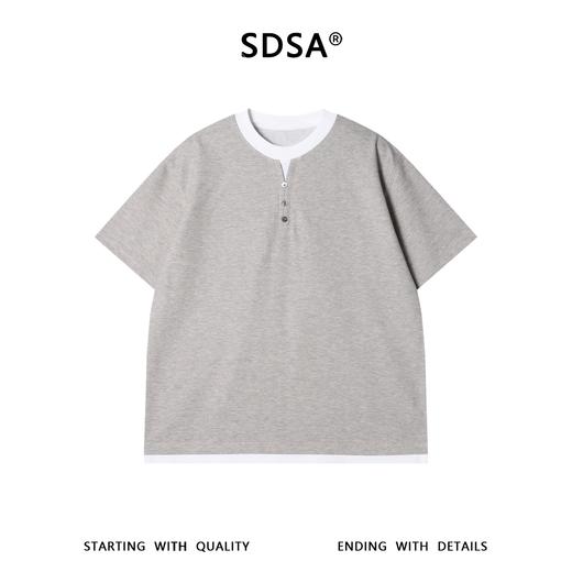 SDSA男装2026新款轻奢华夫格撞色边亨利领短袖T恤宽松肌理感上衣 商品图0