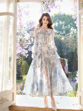 雍正十二月藏品手绘印花乔其纱连衣裙