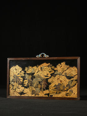 清	红木镶大漆描金山水楼台挂屏