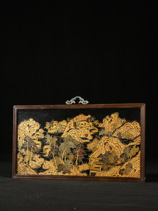 清	红木镶大漆描金山水楼台挂屏 商品图0