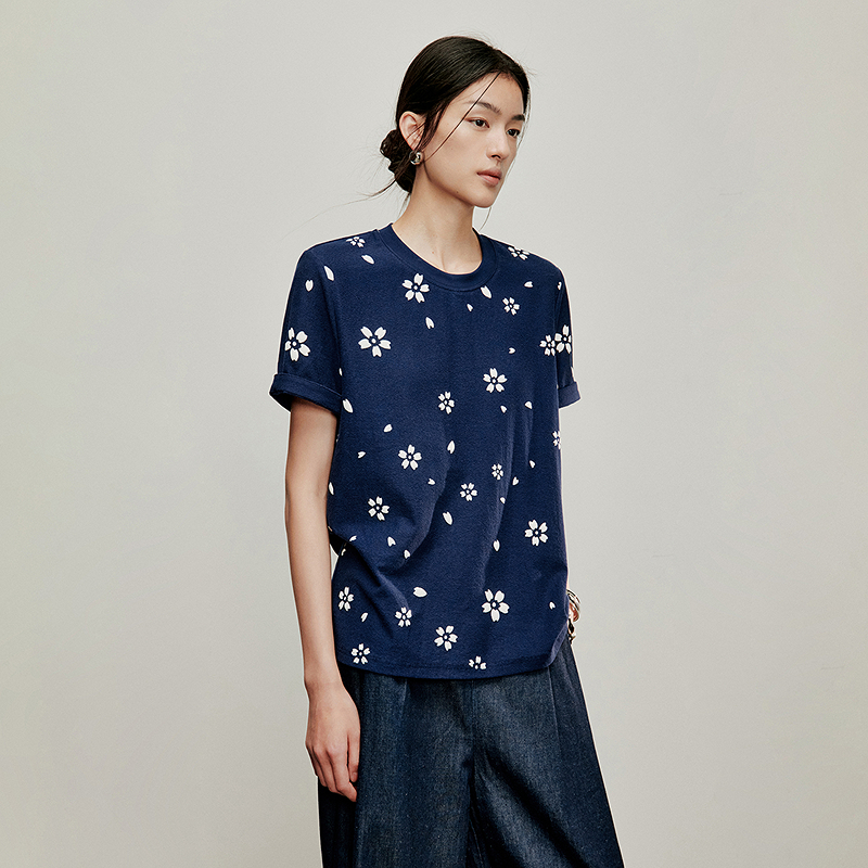 【林栖设计小店】落樱如画|藏青色纯棉复古传统印花夏新款T恤短袖1962085