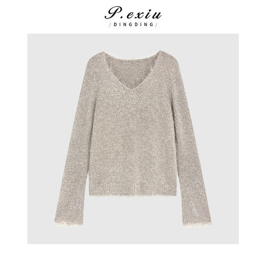 04-4潘依绣丁丁宠粉法式温柔慵懒风流苏毛绒软糯V领长袖针织上衣W-63700 商品图0