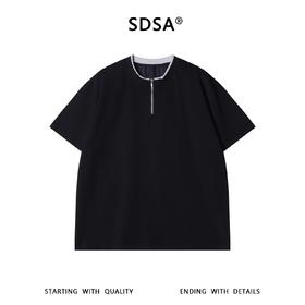 SDSA男装2026新款轻奢半拉链立领撞色边短袖T恤宽松挺括休闲上衣