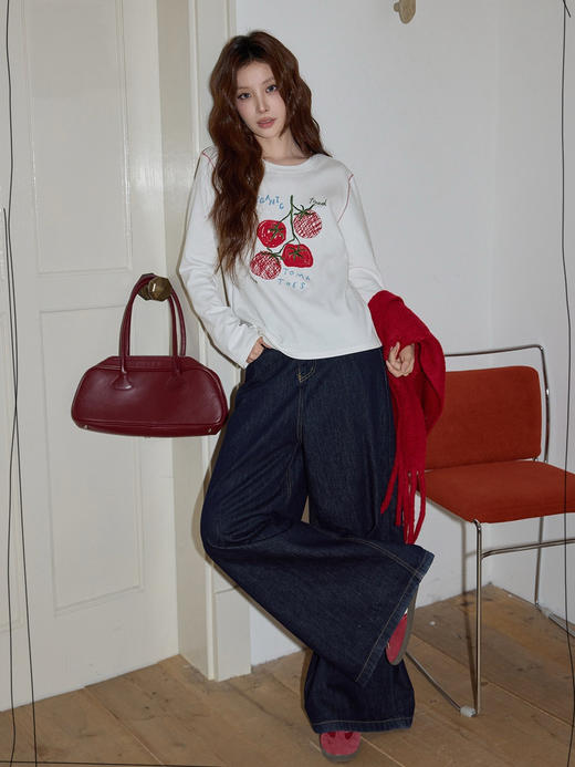 好事发生刺绣撞色明线纯棉长袖T恤 商品图10