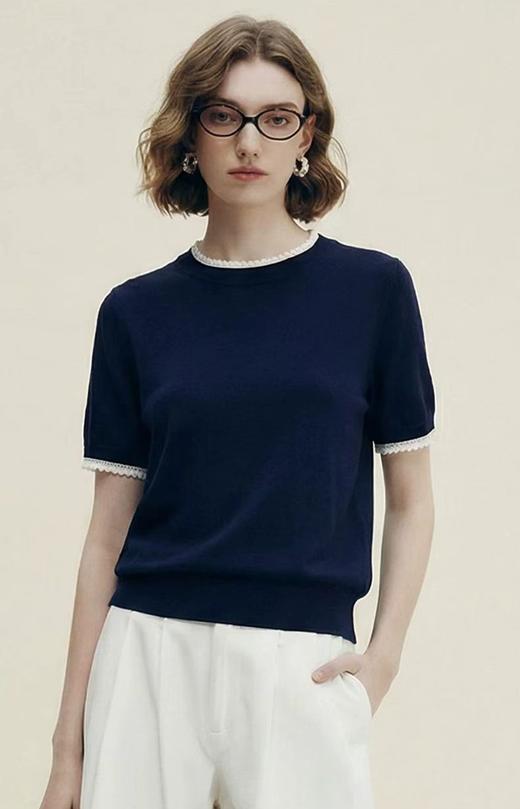 轻奢风100凉感莱赛尔撞色假两件短袖针织衫 商品图0