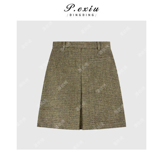 04-4潘依绣丁丁宠粉羊毛复古撞色格纹压褶气质A字显瘦半身裙Q50164 商品图1