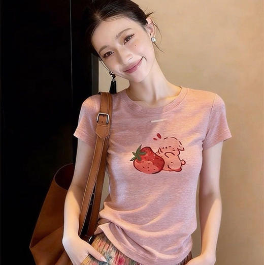 【莱塞尔草莓兔印花短袖】蜜桃粉显白显嫩 莱塞尔人鱼纱+定制蜜桃粉 显瘦显高的版型 商品图3