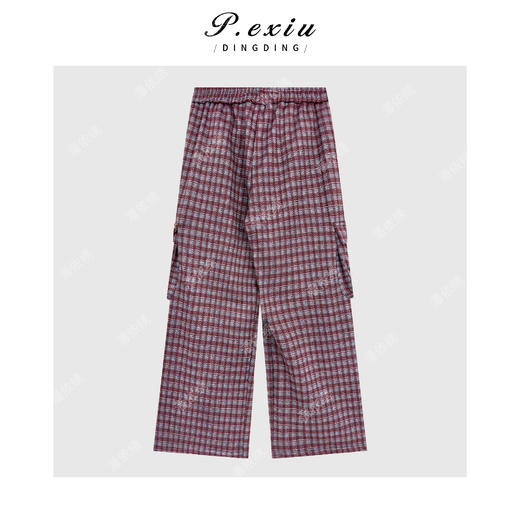 04-4潘依绣丁丁宠粉韩系撞色格纹工装风磨绒松紧腰阔腿休闲裤Q41635 商品图1
