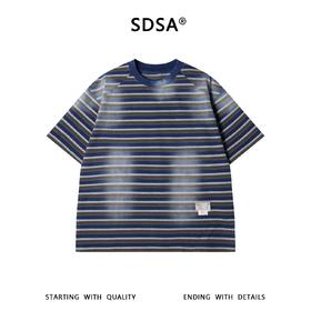 SDSA男装2026新款高贵轻奢韩系磨白撞色条纹设计圆领短袖T恤百搭