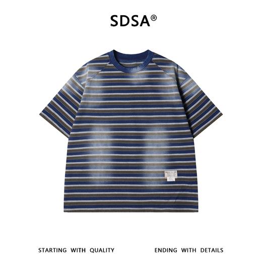 SDSA男装2026新款高贵轻奢韩系磨白撞色条纹设计圆领短袖T恤百搭 商品图0