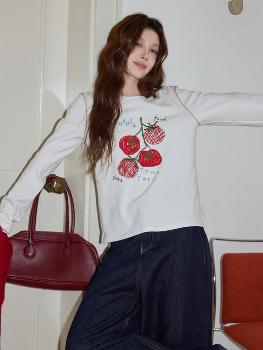 好事发生刺绣撞色明线纯棉长袖T恤 商品图2