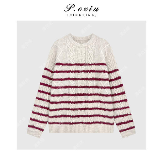 04-4潘依绣丁丁宠粉【慵懒周末】澳洲羊毛复古条纹慵懒风绞花针织毛衣L2808 商品图1