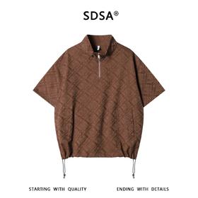 SDSA男装2026新款提花格纹半拉链立领短袖T恤下摆抽绳设计百搭