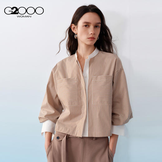 G2000女装SS26商场新款【棉质弹性】撞色拼接贴袋长袖休闲衬衫61233827 商品图1