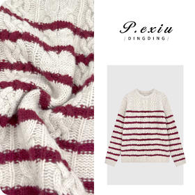 04-4潘依绣丁丁宠粉【慵懒周末】澳洲羊毛复古条纹慵懒风绞花针织毛衣L2808