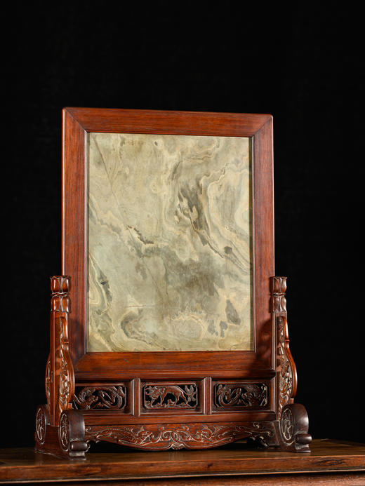 清	黄花梨镶绿石透雕螭龙纹大插屏 商品图0