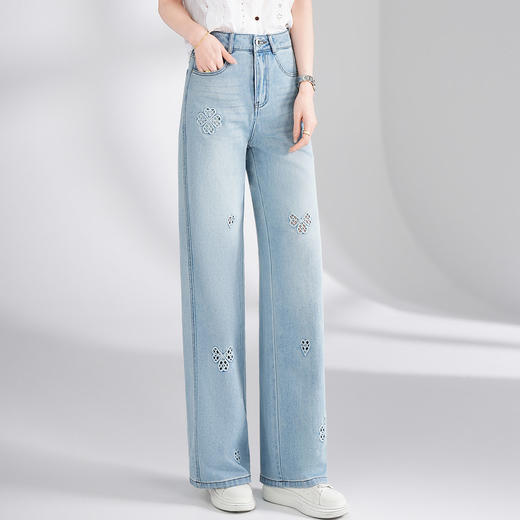 「自」全新升级【铂金会员183/天猫249/差价66】(11447)洛诗琳气质镂空刺绣牛仔裤女2026新款高腰显瘦窄版直筒裤 商品图1