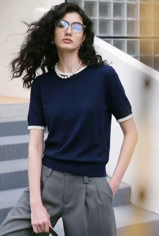 轻奢风100凉感莱赛尔撞色假两件短袖针织衫 商品图12