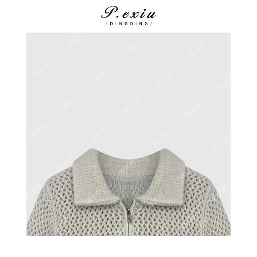 04-4潘依绣丁丁宠粉山羊绒羊毛镂空拼接网纱翻领拉链长袖针织开衫Q64781 商品图2