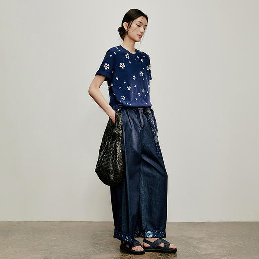 【林栖设计小店】落樱如画|藏青色纯棉复古传统印花夏新款T恤短袖1962085 商品图4