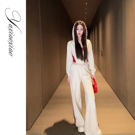 【大货捡漏，不退不换，微瑕】  【剑桥花语】高含棉双色拼接蕾丝花边连帽卫衣&休闲裤套装女 商品图4