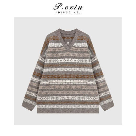 04-4潘依绣丁丁宠粉【北欧冬日】羊驼毛羊毛复古提花V领慵懒针织毛衣L2799 商品图1