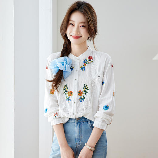 刺绣长袖全棉衬衫，轻奢减龄好看镂空立领上衣CC6223 商品图0