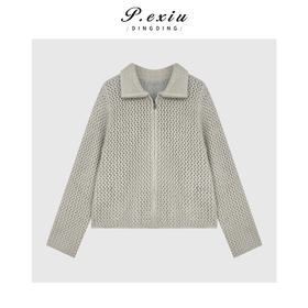 04-4潘依绣丁丁宠粉山羊绒羊毛镂空拼接网纱翻领拉链长袖针织开衫Q64781