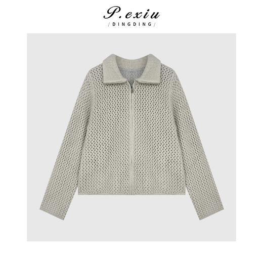 04-4潘依绣丁丁宠粉山羊绒羊毛镂空拼接网纱翻领拉链长袖针织开衫Q64781 商品图0