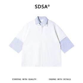 SDSA男装2026新款高贵轻奢假两件条纹拼接翻领小众设计感宽松短袖