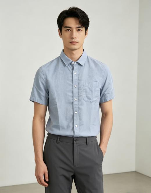 佐丹奴男装26年新款短袖立领胸袋棉麻衬衫01046212 商品图1