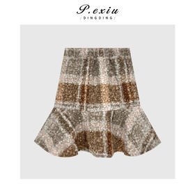 04-4潘依绣丁丁宠粉复古撞色格纹圈圈纱厚款显瘦鱼尾半身裙Q61498