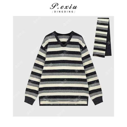 04-4潘依绣丁丁宠粉复古磨毛撞色条纹围巾V领宽松长袖针织上衣M9149 商品图1