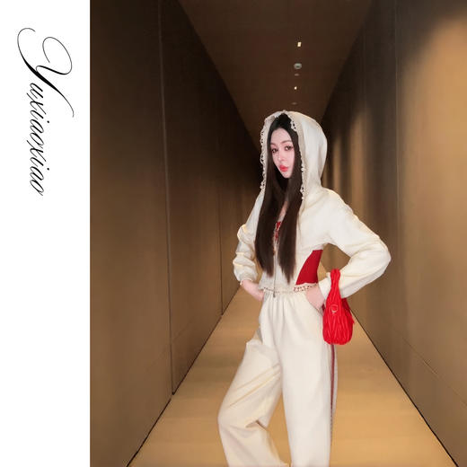 【大货捡漏，不退不换，微瑕】  【剑桥花语】高含棉双色拼接蕾丝花边连帽卫衣&休闲裤套装女 商品图3