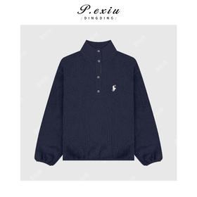 04-4潘依绣丁丁宠粉100%棉刺绣印花撞色拼接半拉链立领针织上衣Q86142