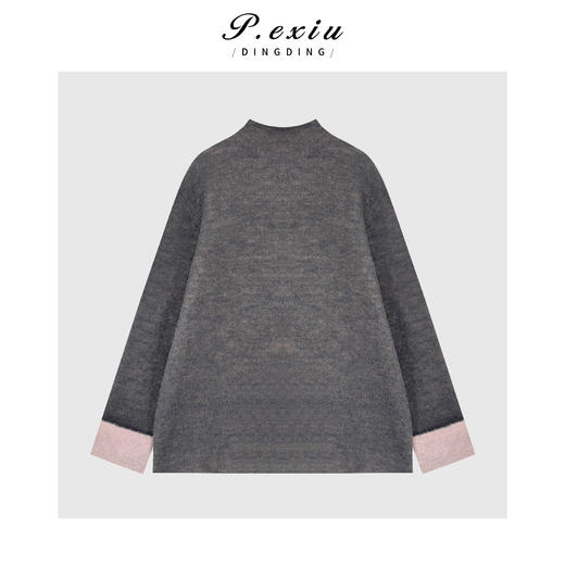 04-4潘依绣丁丁宠粉绵羊毛设计感撞色慵懒风软糯翻袖圆领针织上衣Q54214 商品图0