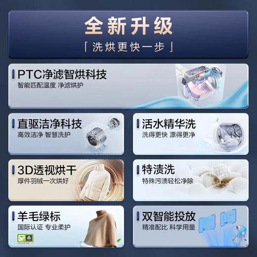 海尔（Haier）麦浪X11全自动滚筒洗衣机带烘干PTC洗烘一体机 10KG直驱大容量精华洗羊毛绿标超薄大筒径 滚筒洗烘 10kg 3D透视烘干+直驱精华洗+双智投XQG100-HBD14536LU1 商品图1