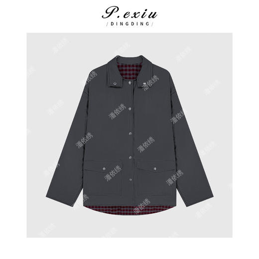 04-4潘依绣丁丁宠粉韩系高级感撞色格纹廓形慵懒休闲翻领长袖外套W-63526 商品图1