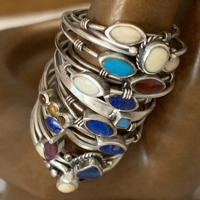 欧洲中古纯银戒指 宝石镶嵌（牛骨/玛瑙/绿松石/青金石）