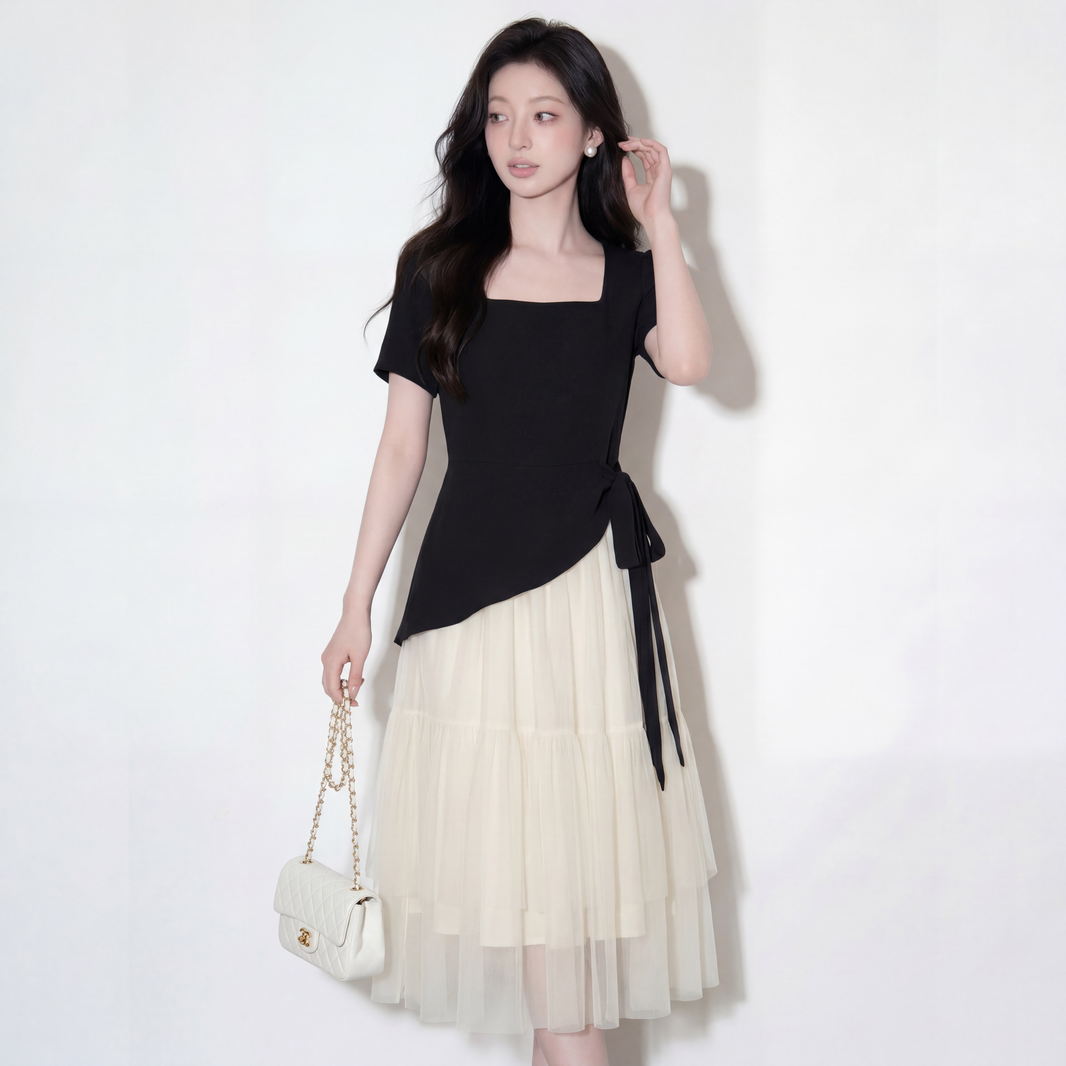 奢姿大码女装2026夏季蝴蝶结拼接减龄连衣裙胖妹妹方领时尚裙子9962854772