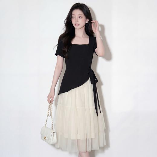 奢姿大码女装2026夏季蝴蝶结拼接减龄连衣裙胖妹妹方领时尚裙子9962854772 商品图0