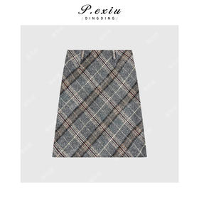 04-4潘依绣丁丁宠粉【咖啡下午茶】羊毛复古格纹A字毛呢半身裙 W-63483